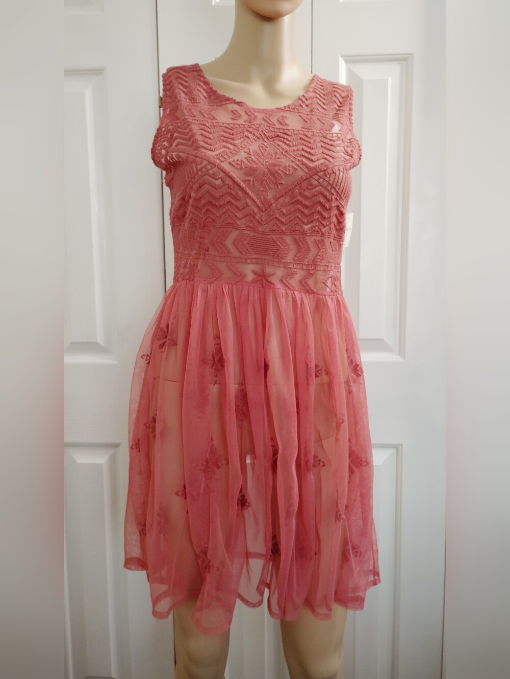 Free People Emily Embroidered Tulle Boho Slip Dress Salmon Pink Size S.